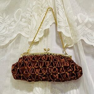 Lexy International Inc. Elegant Brown Ruffle Satin Clutch with Gold Chain NWT